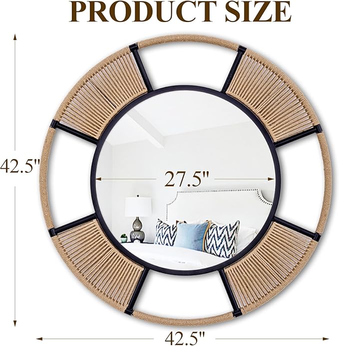 42'' Coastal Large Round Rope Mirror, Nautical Mirror with Detachable Rattan & Black Metal Frame, Farmhouse Mirrors for Rustic Boho Bathroom, Bedroom, Living Room, or Entryway