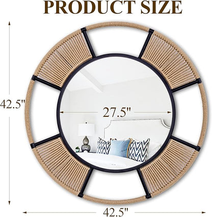 42'' Coastal Large Round Rope Mirror, Nautical Mirror with Detachable Rattan & Black Metal Frame, Farmhouse Mirrors for Rustic Boho Bathroom, Bedroom, Living Room, or Entryway