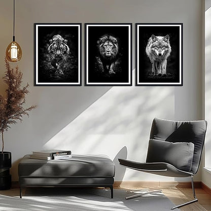 Wildlife Predator Framed Canvas Wall Art Black and White Tiger Lion Wolf Portrait Picture Wall Decor Majestic Animals Print Artwork for Country House Office Decoration Easy to Hand 16x24inchx3pcs