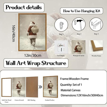 Framed Vintage Christmas Canvas Wall Art, Rustic Santa Claus Walking Snowy Wall Decor Paintings, Winter Holiday Aesthetics Pictures Print Christmas Home Decor for Living Room Bedroom 12×16 inch