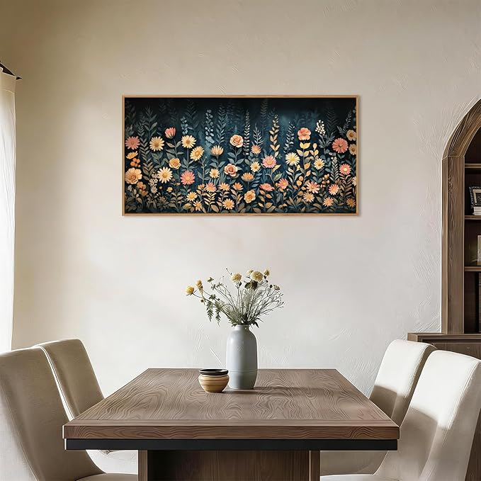 HPNIUB Moody Dark Wildflowers Framed Wall Art Set,Modern Botanical Floral Wall Decor,Dark Blue Colorful Flower Vibrant Printing,Nature Spring Flower Artwork for Living Room, Bedroom,Office-20''x40''