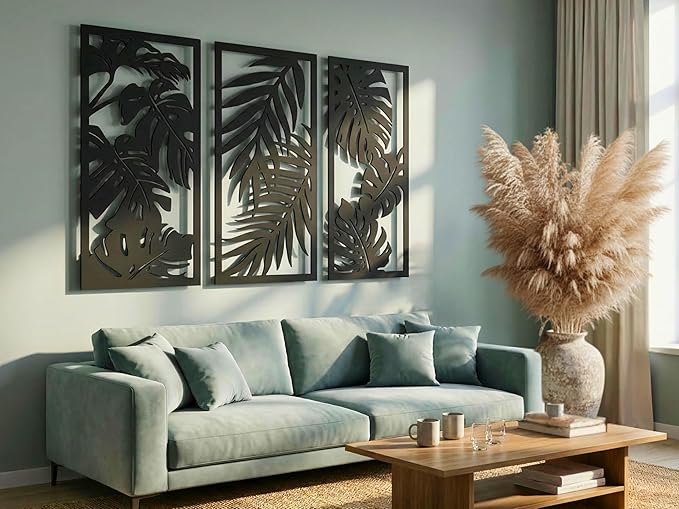 Vailla Wood Wall Art Decor Tropical leaves Wall Hanging Sculpture Modern Home Decoration 3 Wall Hangings Large Wooden Wall Arr 3D Textured Sculptures for Living Room Bedroom Office Dinnig Room