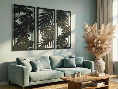 Vailla Wood Wall Art Decor Tropical leaves Wall Hanging Sculpture Modern Home Decoration 3 Wall Hangings Large Wooden Wall Arr 3D Textured Sculptures for Living Room Bedroom Office Dinnig Room
