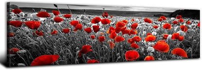 Nature Poppy Wall Art Red and Black Wall Decor Wildflower Field Landscape Picture Canvas Prints Sunrise Poppies Floral Painting Botanical Poster Artwork Living Room Bedroom Home Decorations 14x48”