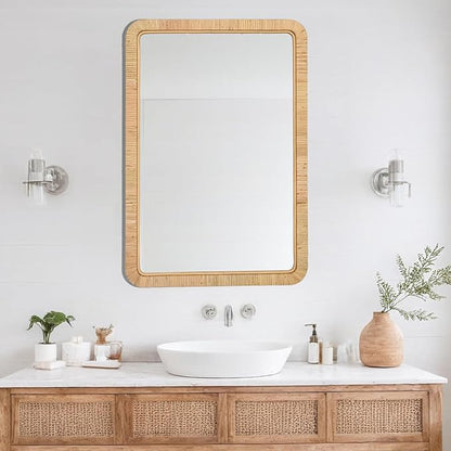 FUIN 24"x36" Rattan Wall Mirror, Natural Wicker Rectangle Bathroom Vanity Mirror, Hanging Boho Decorative Mirror for Farmhouse, Entryway, Bedroom, Living Room, Horizontal Vertical Mount