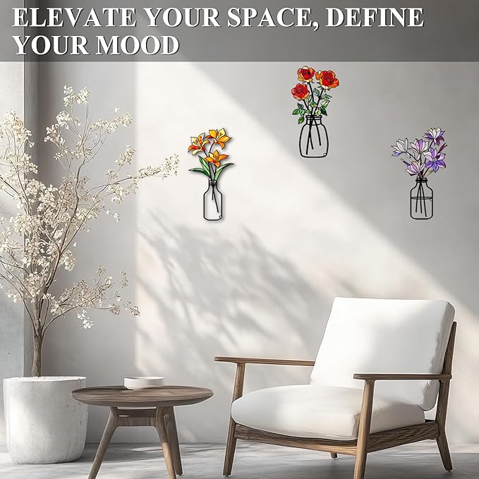 Fanjashn 3 Pcs Metal Flowers Wall Art, Floral Art Wall Decor, Minimalist Flower Wall Decor for Living Room, Bathroom, Bedroom, Kitchen and Dining Room