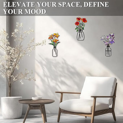 Fanjashn 3 Pcs Metal Flowers Wall Art, Floral Art Wall Decor, Minimalist Flower Wall Decor for Living Room, Bathroom, Bedroom, Kitchen and Dining Room