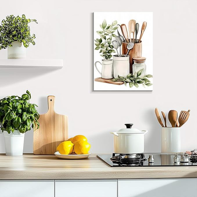 Dazzlewall Framed Watercolor Botanical Kitchen Wall Art Decor,Sage Green Eucalyptus Leaves and Kitchenware Wall Poster For Kitchen Dining Room Decor 12x16 in