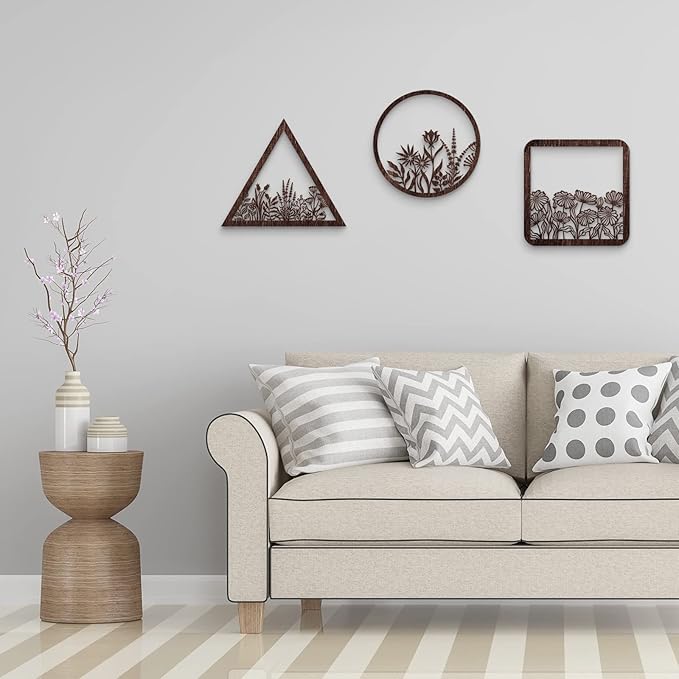 Blulu 3 Pieces Wall Art Wood Wall Pediments Sacred Boho Art Wooden Floral Decor Minimalist Floral Hanging Flower Artwork for Home Dining Room(10 Inch,Brown)