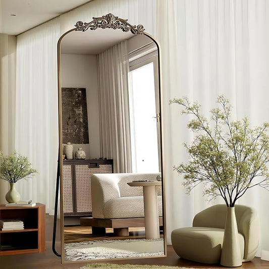 Dewfig Arched Full Length Mirror, 71"x28" Full Body Mirrors with Carved, Floor Mirror for HomeDecor, Standing/Halling Large Wall Mirror for Bedroom, Living Room, Cloakroom, Bronze, Retro Style