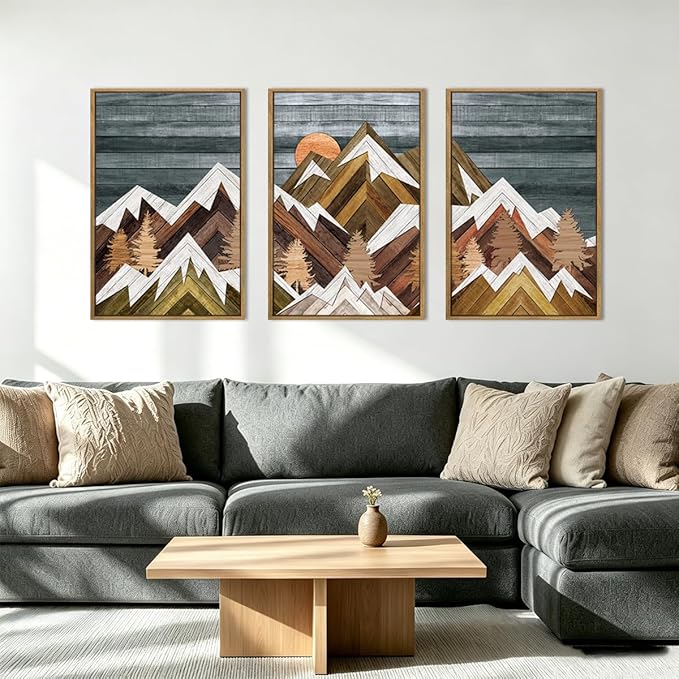 BINCUE Extra Large Mountain Wall Art Farmhouse Mountain Wall Decor Large Landscape Artwork 24x36 Inches Set of 3 Framed Rustic Painting Boho Mountains Artwork for Living Room Bedroom Office
