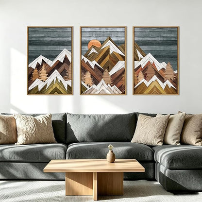 BINCUE Extra Large Mountain Wall Art Farmhouse Mountain Wall Decor Large Landscape Artwork 24x36 Inches Set of 3 Framed Rustic Painting Boho Mountains Artwork for Living Room Bedroom Office