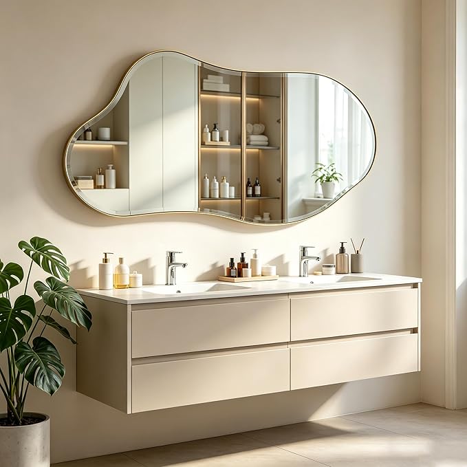 POZINO Large Irregular Beveled Mirror, 63"x31.5" Premium Asymmetrical Full Length Mirror with Gold Metal Frame, Organic Wall Mirrors for Living Room Bedroom Hallway Entryway, Horizontal/Vertical