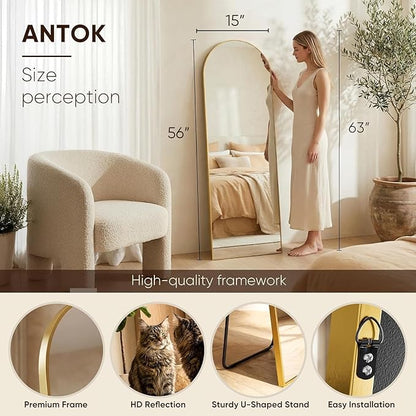 Antok Arched Full Length Mirror, 56"x14" Gold Metal Frame Floor Mirror for Bedroom Living Room, Freestanding/Wall Mount/Leaning