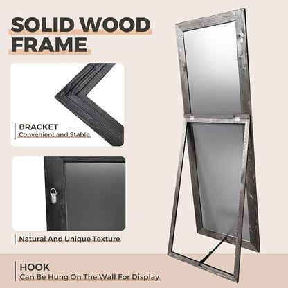 65"x22" Full Length Mirror Solid Wood Frame Floor Mirror with Stand for Living Room, Bedroom Hanging Standing or Leaning, Black