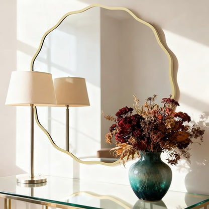 HOMECOOKIN 32" Wavy Round Wall Mirror, Gold Scalloped Circle Mirror Edge Round with Metal Frame, Modern Decorative Hanging/Leaning Mirrors for Bathroom, Hotels, Hallway, Entryway, Vanity, Office