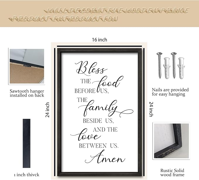 comurdyo Bless the Food Before Us Sign Wall Decor 16"×24" for Dining Room Kitchen Wall Art Framed Wood Hanging (Black)