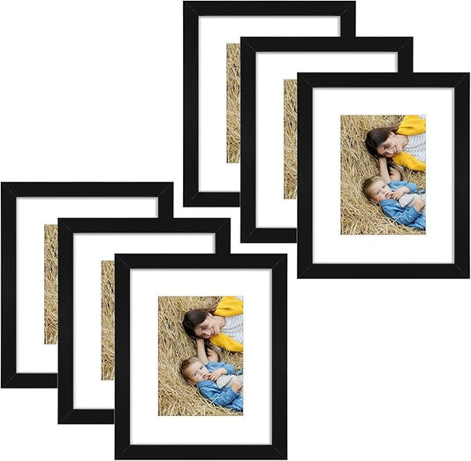 Golden State Art, 8x10 Picture Frame Set of 6 - Matted to 5x7 Photo - Engineered Wood Gallery Frame Set - Wall Mounting or Tabletop Display (Black,6 Pack)