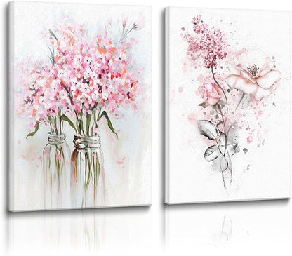 Pink Floral Canvas Wall Art, Pink Framed Wall Art, Butterfly Grey Leaf Canvas Prints, Floral Art Paintings for Bedroom, Bathroom, Office Art Prints Ready to Hang12x16 Inches.