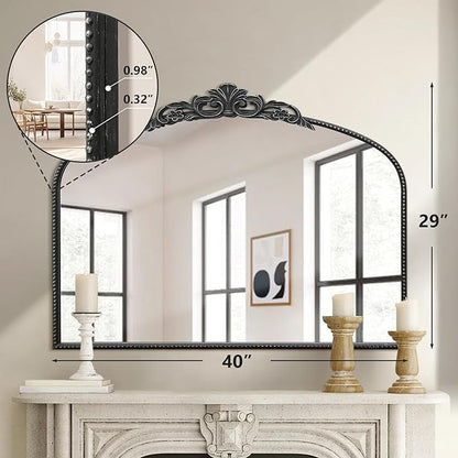 Micasso Large Vintage Black Mirror: 40"x29" French Baroque Antique Arched Mirror - Traditional Ornate Decorative for Wall/Fireplace/Mantel/Entryway/Bathroom/Hallway - Home Decor for Living Room