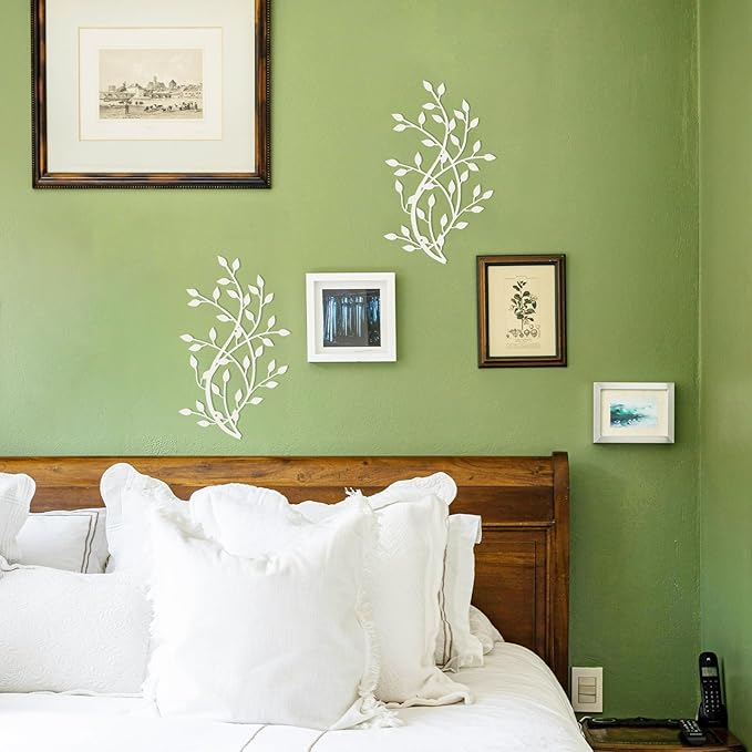 Meltset Metal Tree Leaf Wall Decor, Vine Olive Leaf Branch Wall Art,Wrought Iron Artwork, Decorative Wall Sculptures Above The Bed, Living Room, Indoor and Outdoor (S/White)