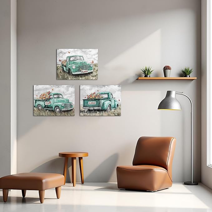 sechars Truck Wall Art Canvas Vintage Farmhouse Decor Faith Hope Love Floral Painting Prints (Green)