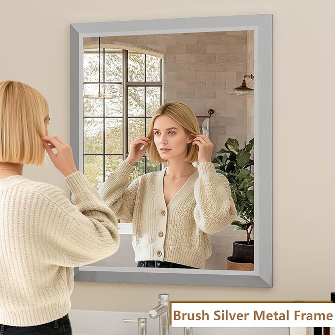 SMIROR Brushed Silver Bathroom Mirror for Over Sink, 24”x 28” Metal Thick Framed Rectangle Vanity Mirror for Wall, Right Angle Corner, Anti-Rust, Horizontally or Vertically Mounted