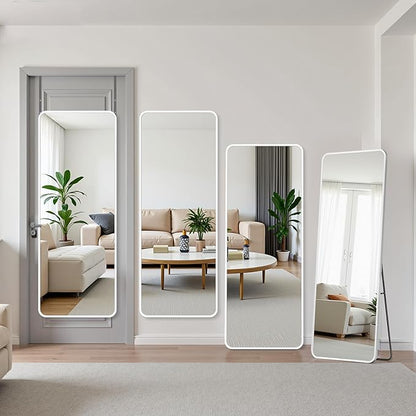 Suidia Full Length Mirror Over the Door&Wall Mounted, 48"x14" Door Mirror with Aluminum Alloy Frame, HD Shatterproof, No-Drill, Hanging Mirrors for Bedroom, Bathroom, Dorm, Closet, Rounded Rect, White