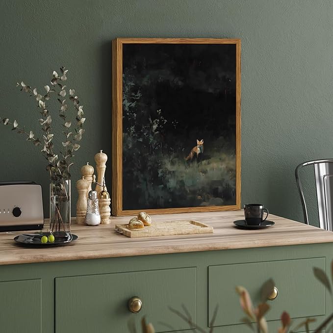 Framed Vintage Wall Art, Cottagecore Fox Wall Decor Paintings, Rustic Forest Animal Landscape Pictures Canvas Prints Country Farmhouse Home Decor for Living Room Bedroom 16x24 inch