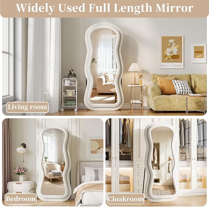 Wavy Full Length Mirror, 63"x24" Full Body Mirrors with Stand, Flannel Floor Mirrors for Bedroom, Living Room, Dressing Room, Hanging Leaning Wall Mirror