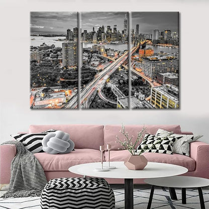 TUMOVO American Cityscape Canvas Paintings Wall Art Manhattan, New York Skyline Artwork Pictures Home Decor 3 Pieces Black and White Wall Art Posters and Prints Framed Ready to Hang (42" Wx28 H)