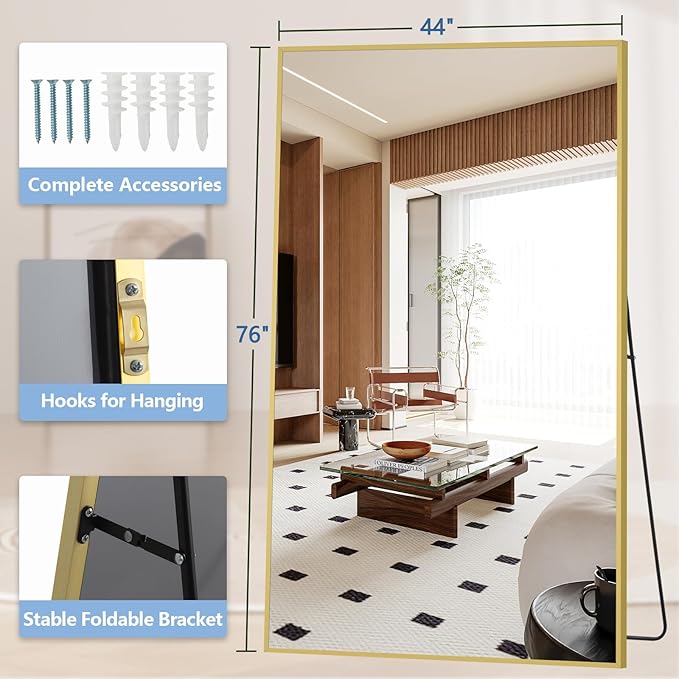 Large Mirror Full Length with Stand, 76"X44" Oversized Floor Mirror Gold Standing Full Length Mirror for Gym Bedroom Living Room Clothing Store, Hanging or Wall Mounted, Tempered Glass