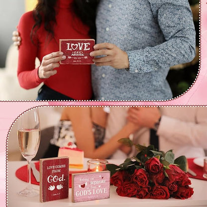 Yousoontic 9 Pcs Christian Valentine's Day Decor Bible Verse Religious Jesus Table Decorations Wood Block Sign Rustic Valentines Love Tiered Tray Decor for Church Home Shelf Table Top(Vintage)