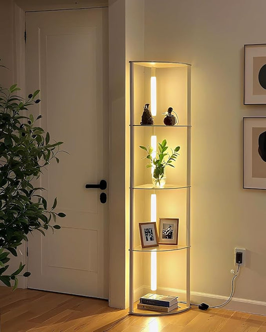Lightdot Corner Floor Lamps with Shelves, 64Inch 5-Tier Storage Shelf Lamp with Integrated LED Posts/Walnut Shelf/White Frame, White Display Floor Lamp for Living Room/Bedroom/Sofa Beside/Corner Decor