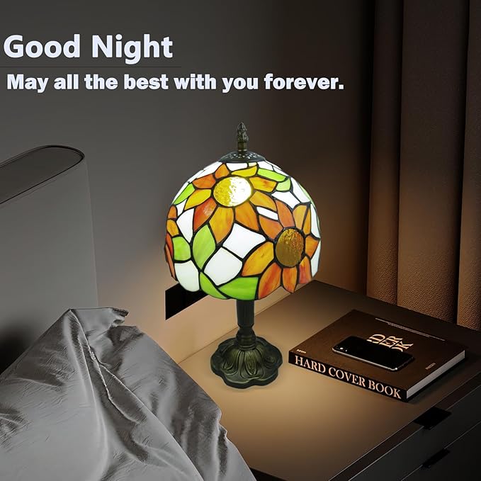 Tiffany Style Table Lamp, 3 Color Temperatures Bedside Lamp, 8 Inch Stained Glass Desk Light for Home Office Bedroom Living Room (Sunflower Pattern)