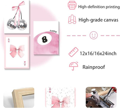 Framed Pink Canvas Wall Decor Set of 3, Pink Bow Wall Art Oil Painting, Girls Preppy Room Decor Picture, Trendy Disco Ball Print Poster for Teen Girl Apartment Bedroom Living Room Aesthetic 12x16 Inch