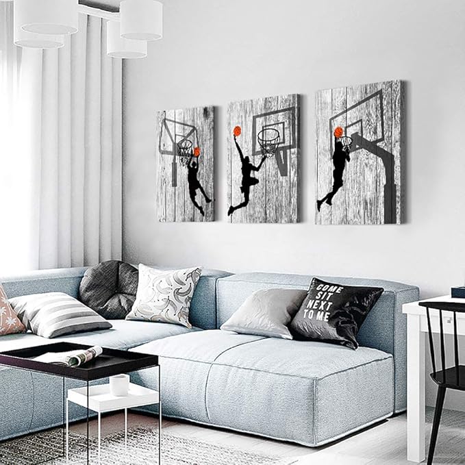 Black And White Canvas Wall Art For Living Room Bathroom And Bedroom Kitchen Wall Decor Artwork Canvas Prints Play Basketball Sport Painting 20" X 28"3 Piece Modern Framed Office Home Decorations
