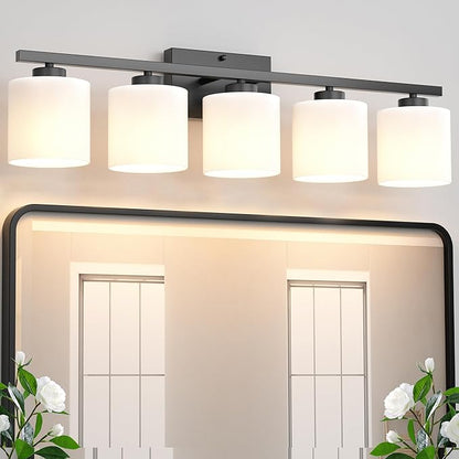 Honesorn 5-Light Vanity Lights, Matte Black with Frosted Shade & Anti-Rust Nickel Finish, Modern Bathroom Over Mirror Light Fixtures