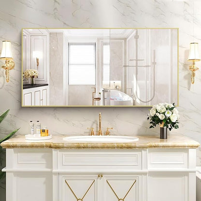 COFENY 48x24In Gold Bathroom Mirror for Wall, Brushed Gold Rectangle Mirrors with Metal Frame, Bathroom Rectangular Mirror Modern Wall Mirror for Bedroom Living Room, Hangs Horizontal or Vertical