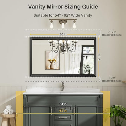 Briivue 50x30 Inch Black Bathroom Mirror for Wall, Thick Metal Framed Rectangle Mirrors for Over Sink, Bedroom, Living Room, Entryway, Anti-Rust, HD Tempered Glass