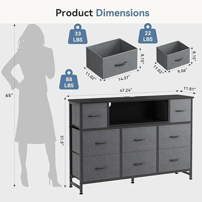 Simple Deluxe TV Stand Dresser with 8 Fabric Drawers and Open Shelves, Entertainment Center with LED Lights & Charging Station, Wood Top for 45" -55" TV, for Bedroom/Living Room/Hallway, Grey