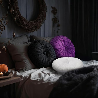 Beeveer 3 Pcs Round Throw Velvet Pillows Classy Accent Pumpkin Throw Pillows 15 Inch Decorative Cushion for Couch Chair Bed Car, 2 Styles(Black, Purple, White)