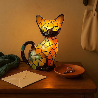 Cat Lamp, Stained Glass Cat Lamp, Decorative Resin LED Night Light for Cat Lovers, USB Vintage 3D Table Lamp Cozy Glow for Desk & Mantel – Fun Gift for Pet Owners (Little Kitten)