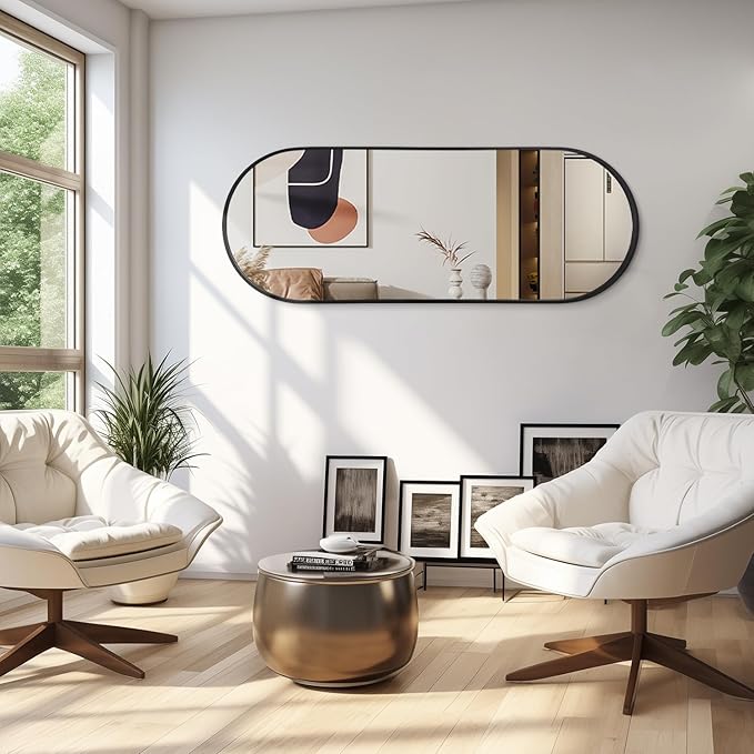 JJUUYOU Bathroom Wall Full Length Mirrors for Wall Oval Mirror Black Metal Framed Mirrors 48"X18" Matte Bedroom Vanity Farmhouse Anti-Rust Tempered Glass Hangs Horizontally or Vertically Mirror