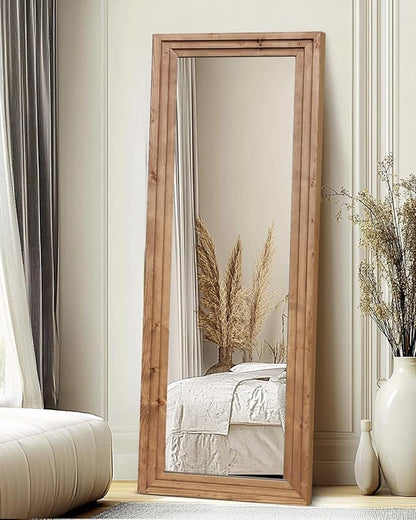 Full Length Mirror 65"x22" with Stand Solid Wood Frame Floor Large Mirror for Living Room, Bedroom Hanging Standing or Leaning Wall-Mounted, Light Brown