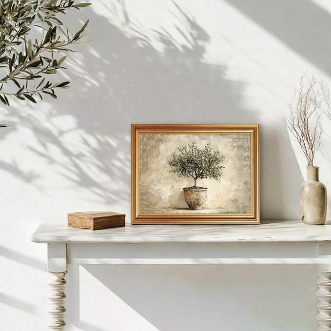JLTULT Gold Framed Potted Olive Tree Wall Art, Vintage Botanical Canvas Wall Decor, Olive Branch Art Print for Living Room Bedroom Office 8x10 Inch with Fade-Resistant Print Easy to Hang