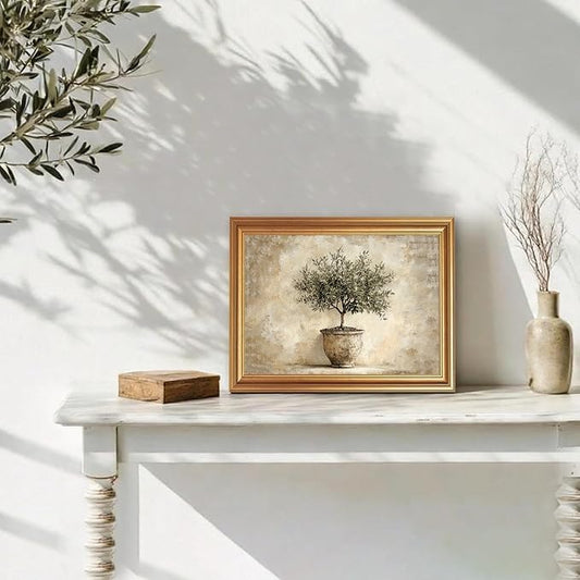 JLTULT Gold Framed Potted Olive Tree Wall Art, Vintage Botanical Canvas Wall Decor, Olive Branch Art Print for Living Room Bedroom Office 8x10 Inch with Fade-Resistant Print Easy to Hang