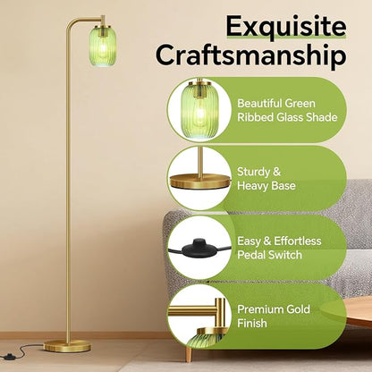 Vintage Glass Floor Lamp for Living Room, Bedroom, Modern Green Ribbed Glass Standing Lamp with Pedal Switch, 67'' Tall, Brushed Gold