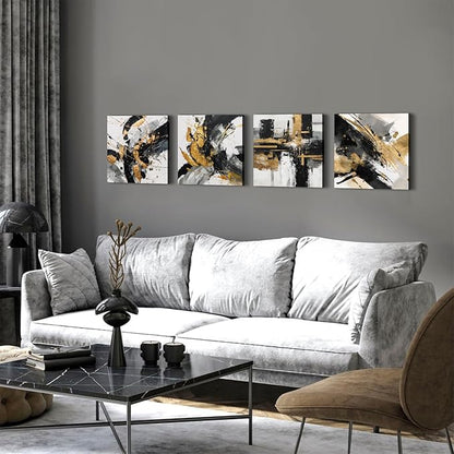 Abstract Black and Gold Wall Art for Bathroom Marble Pictures for Wall Modern Black White and Gold Texture Canvas Prints Painting Neutral Posters Artwork Living Room Home Decorations 12x12” 4Pcs