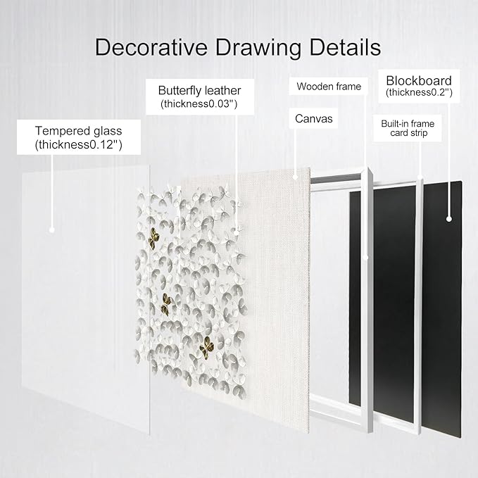 BrightA 3D Textured wall decorations, leather and metal-tinged golden and white metal butterfly wall sculptures, large artworks, gradient colors, modern artworks, suitable for decoration in living rooms and bedrooms (23.6"x23.6", White wooden frame)